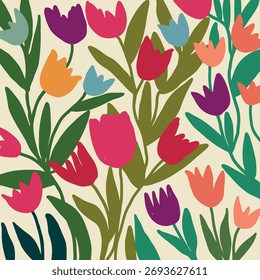 Hand-drawn Spring Floral Pattern, Colorful Tulip Garden, Botanical Seamless Background design for fabric prints, gift wraps, wallpapers, and digital backdrops.