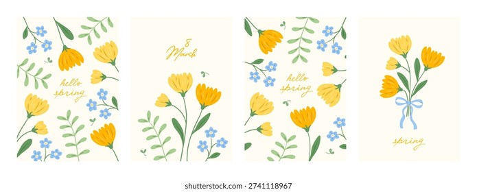 Hand-drawn spring floral postcards for Women's Day, Mother's Day and Easter