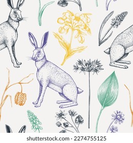 Hand-drawn spring flower background. Vintage woodland flower seamless pattern. Floral design with forest plants, wildflowers, and rabbits sketches. Vintage animal decorative texture. Easter backdrop