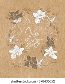 Hand-drawn spring flowers daffodils and orchids on kraft paper.