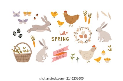 Hand-drawn spring set. Butterflies, ladybug, painted eggs, basket, rabbits, carrots, lettering, chicken, hen, cherry flowers. Spring season concept, Easter, nature.