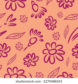 Hand-drawn spring, summer floral background. Botanical seamless pattern of abstract flowers. Vintage style for bedding, textiles, packaging and wallpaper.