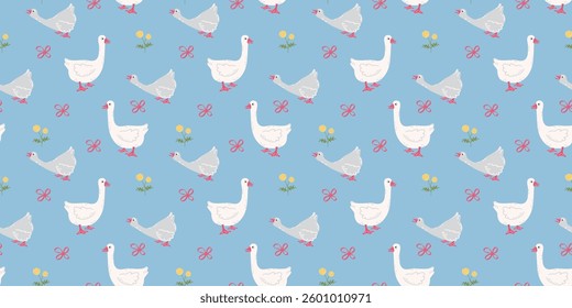 Hand-drawn spring and summer seamless pattern with cute geese, bows, flowers. Funny goose on a blue background. Girly, childish print for fabric, wallpaper, wrapping paper. Vector illustration