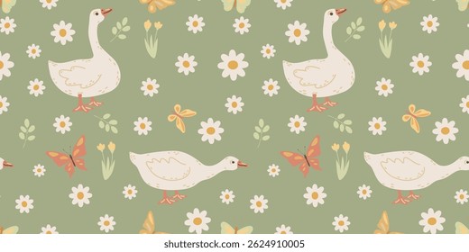 Mão-desenhado primavera e verão sem costura padrão em estilo boho com gansos bonitos, arcos. Ganso engraçado em um fundo azul. Menina, impressão infantil para tecido, papel de parede, papel de embrulho. Ilustração vetorial