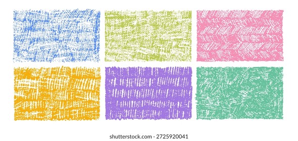 Hand-drawn square frames with pastel chalk textures, distressed borders, and scribbled strokes, perfect for kindergarten templates, artistic designs. Color vector illustration.