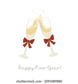 Tarjeta de felicitación Happy New Year, dibujada a mano, con dos vasos de champán con arcos de cinta roja. Dibujo lindo de lentes de rosca, bebida espumosa. Ilustración del vector EPS 10