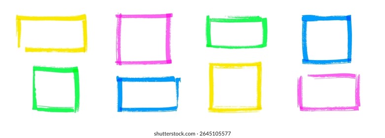 Quadros quadrados e retangulares desenhados à mão no estilo de marcador de cor. As bordas do Grunge com traçados de pincel áspero no plano de fundo branco. Quadros curtos para design, notas, mídias sociais. Ilustração vetorial.