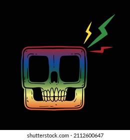 hand-drawn square skull with lightning, colorful illustration free vector