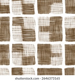 Hand-drawn squares in earthy tones, arranged in an asymmetrical grid against on linen fabric print pattern, cotton, silk, vector illustration, doodle summer, kids and baby designs for print fabric.