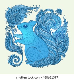 Hand-drawn Squirrel with ethnic ornaments floral doodle pattern. Vector illustration Henna Mandala Zentangle stylized. Design for spiritual relaxation for adults.