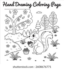 Hand-drawn squirrel gathering acorns in a forest