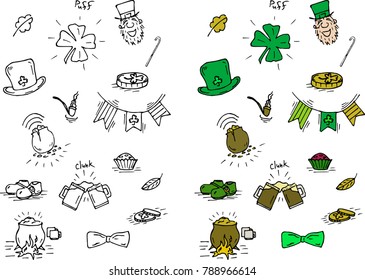 Handdrawn St. Patric's Day doodles set. Black and white and color set of doodles.
