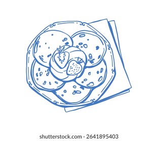 Hand-drawn stack of pancakes in blue line art style with a touch of Mediterranean charm. Sketch of fluffy pancakes with berries and syrup, great for cafe menus, breakfast promotions