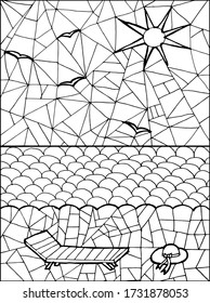 hand-drawn stained glass window, summer landscape, sea, sand, deck chair and seagull