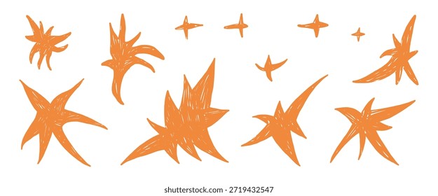 Handgezeichnete Stern-Doodles mit Buntstifttextur. Gelbe Skizzenelemente für kreative Designs. Verspielte, handgefertigte Stars, perfekt für Kinderprojekte und künstlerische Hintergründe. Vektorblitz einzeln auf Bg.