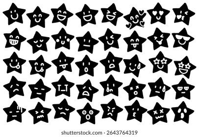 Conjunto de ícones desenhados à mão de face de estrela (monocromático)