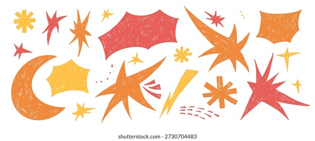 Handgezeichneter Stern, Mond, knallt Doodles mit Buntstifttextur. Gelbe Skizzenelemente für kreative Designs. Handgefertigte Sterne, Sternchen, Halbmond perfekt für Kinder Projekte. Vektorblitz einzeln auf Bg.