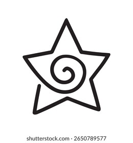 Estrela desenhada à mão com centro espiral - ícone místico de linha preta perfeito para tatuagens, desenhos de boho, temas mágicos, ilustrações digitais, padrões esotéricos e arte celestial encantadora