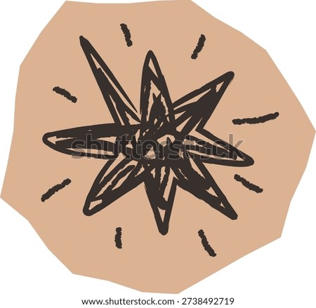 Hand-drawn starburst scribble on torn cut out paper with rough ink line and small dash accent. Symbol of energy, highlight, attention, burst, and idea spark. Cartoon vector illustration.