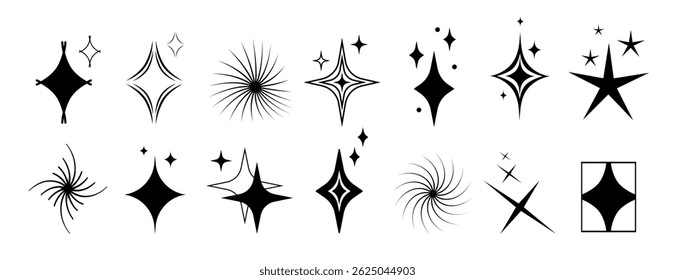 Estelar desenhado à mão e vetor cintilante definido em estilo retro moderno. Inclui estrelas brilhantes abstratas, símbolos cintilantes e formas cósmicas. Para logotipos, adesivos, cartazes e marcas. pacote de brilhos