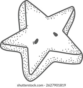 A hand-drawn starfish with dotted texture and simple lines. The starfish is depicted in a playful cartoon style with minimalistic features. Cartoon vector illustration.