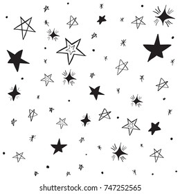Handdrawn stars background. Doodle monochrome vector illustration.