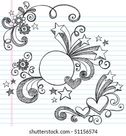 Hand-Drawn Stars, Hearts, Circle Frame, and Swirls Sketchy Notebook Doodles Vector Illustration on Lined Sketchbook Paper Background