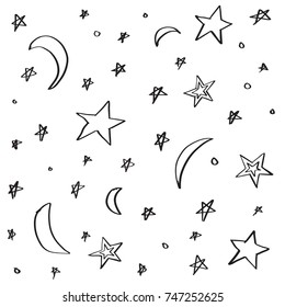 Handdrawn stars and moon background. 