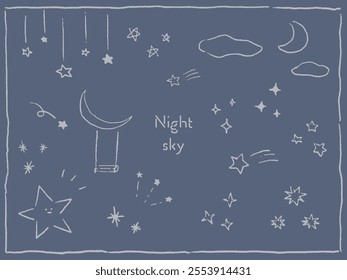 Hand-drawn stars and moon　Night sky material