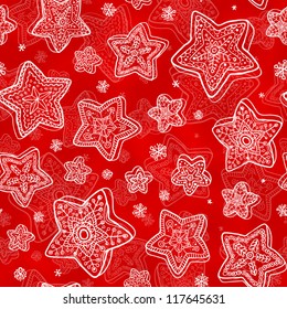 Hand-drawn stars-snowflakes seamless pattern on red background