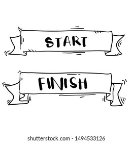 handdrawn start and finish line banners, streamers, flags for outdoor sport event - competition race, run with doodle cartoon style
