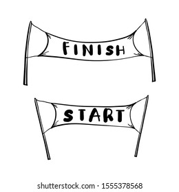 handdrawn start and finish line banners, streamers, flags for outdoor sport event, competition race, run. with doodle cartoon style