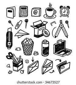 Hand-drawn stationery icons. Vector illustration.