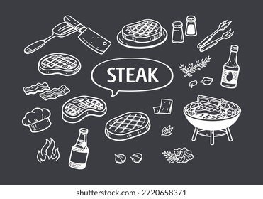 Handgezeichnetes Steak und Grillelemente Kollektion