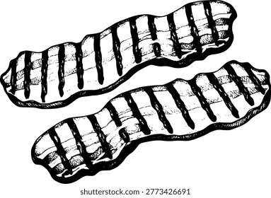 hand-drawn steaks with prominent grill marks, rendered in black and white a transparent background. steak, meat, grill. hand-drawn...