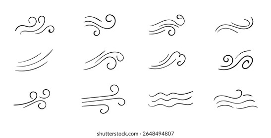 Ícones de fumaça e vapor desenhados à mão, incluindo ondas de aroma. espirros de calor. vapor de cozinha. cheiro. fedor. e fumaça estilo doodle. Perfeito para comida. café. incenso. narguilé. e projetos de design relacionados a vapor.