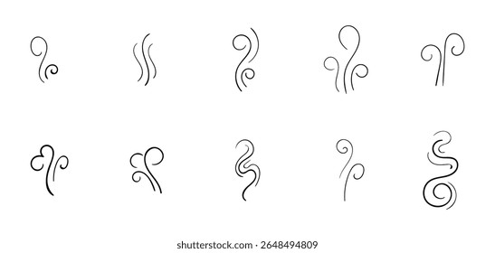 Ícones de fumaça e vapor desenhados à mão, incluindo ondas de aroma. espirros de calor. vapor de cozinha. cheiro. fedor. e fumaça estilo doodle. Perfeito para comida. café. incenso. narguilé. e projetos de design relacionados a vapor.