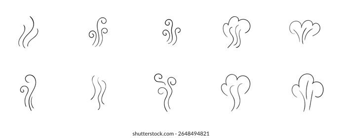 Ícones de fumaça e vapor desenhados à mão, incluindo ondas de aroma. espirros de calor. vapor de cozinha. cheiro. fedor. e fumaça estilo doodle. Perfeito para comida. café. incenso. narguilé. e projetos de design relacionados a vapor.