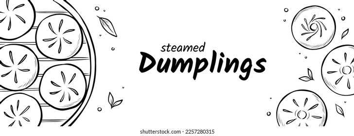 Hand-drawn steamed dumplings in sketch style isolated on white background. Vector banner for website, advert, social media or menu. Illustration of traditional Asian dish from dough with filling.