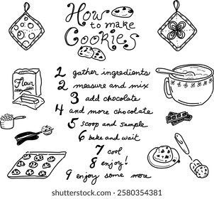 Hand-drawn steps to making cookies vector doodles. Pot holders, ingredients, mixing bowl, dough, chocolate chips, cookies, and more! A simple and cute recipe card for chocolate chip cookies. Enjoy!