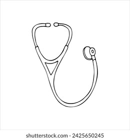  Estetoscopio Dibujado A Mano. Estetoscopio de contorno vectorial en estilo garabato. Elemento médico. ilustración aislada sobre fondo blanco. 