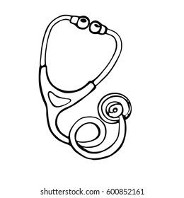 Hand-drawn stethoscope/Vector linear image on the topic of medicine, medicine and health. Sketches for use in design, web site, packing, textile, fabric