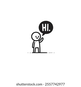 Hand-Drawn Stick Figure Waving With Speech Bubble Saying Hi Cartoon Illustration. great for communication themes.