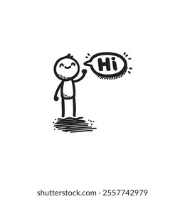 Hand-Drawn Stick Figure Waving With Speech Bubble Saying Hi Cartoon Illustration. great for communication themes.