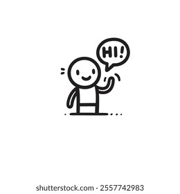 Hand-Drawn Stick Figure Waving With Speech Bubble Saying Hi Cartoon Illustration. great for communication themes.