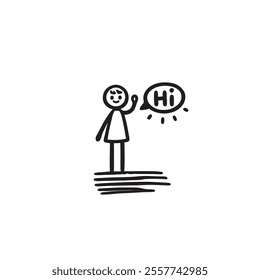 Hand-Drawn Stick Figure Waving With Speech Bubble Saying Hi Cartoon Illustration. great for communication themes.