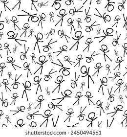 Handgezeichnete Strichmännchen, die zufällig über eine Vektorgrafik mit weißem Hintergrund fallen. Einfache monochrome Oberflächenkunst zum Bedrucken verschiedener Werkstoffe oder zur Verwendung in Grafikdesign-Projekten.