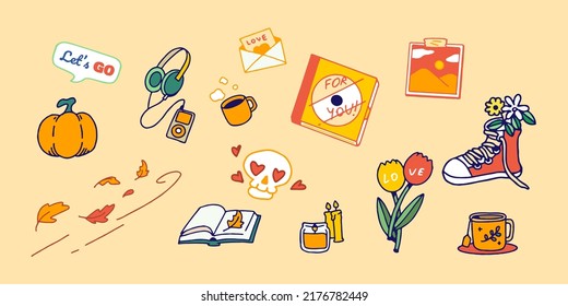 Hand-drawn sticker pack, isolated vector patches, pins, stamps with funny cute characters, and trendy illustrations. Colorful planning decoration for prints and social media post
