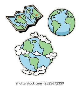 Conjunto de pegatinas dibujadas a mano con ilustraciones de la Tierra y el mapa. Pegatinas creativas que simbolizan viajes, exploración y geografía. Ilustraciones vectoriales para aventureros, exploradores y amantes de la naturaleza.