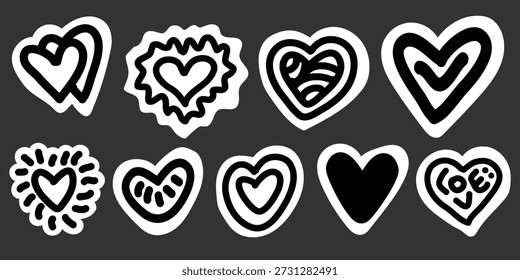 Um conjunto de adesivos desenhados à mão apresentando formas de coração em um estilo de rabiscar divertido. Esta coleção de ilustrações vetoriais é perfeita para adesivos, planejadores, scrapbooking, conteúdo de mídia social, aplicativos de mensagens, branding e elementos decorativos. Adequado para uso digital e de impressão, oferecendo um design bonito e expressivo com tema de amor.